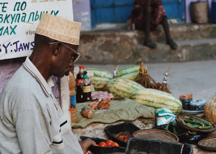 A market scene in Zanzibar City featuring a vendor with fresh produce like tomatoes, watermelons, and spices.