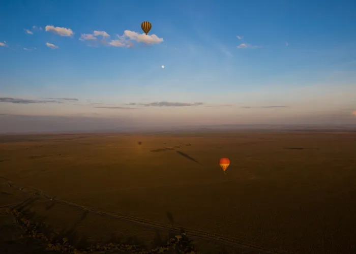 Stunning aerial view of hot air balloons soaring over Kenya's Maasai Mara at sunrise.