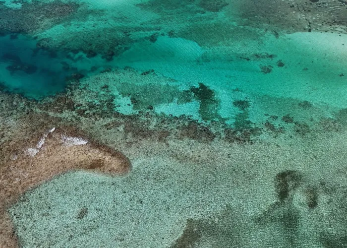 Stunning aerial shot of Bacalar Lagoon showcasing vibrant turquoise waters in Quintana Roo, Mexico.